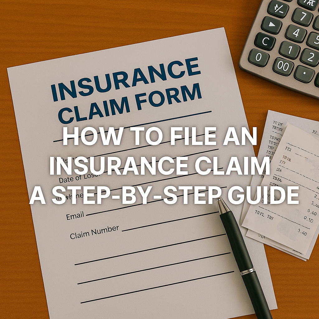 Insurance claim form with pen, calculator, and receipts on a wooden desk