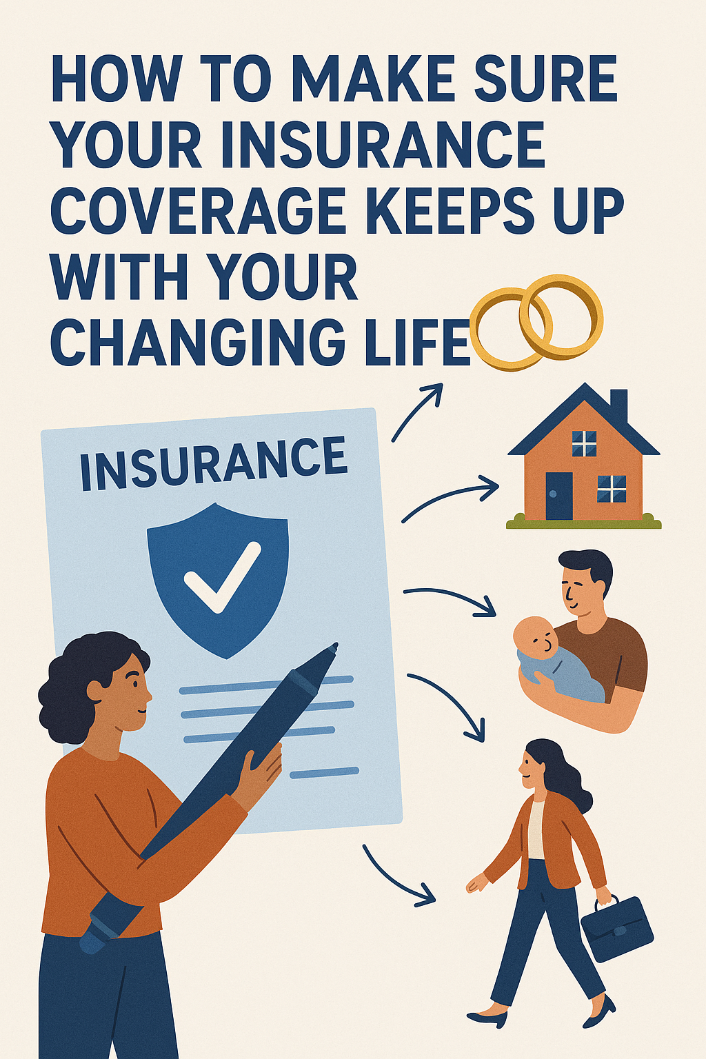 Person walking through life stages with insurance icons adapting to each stage.