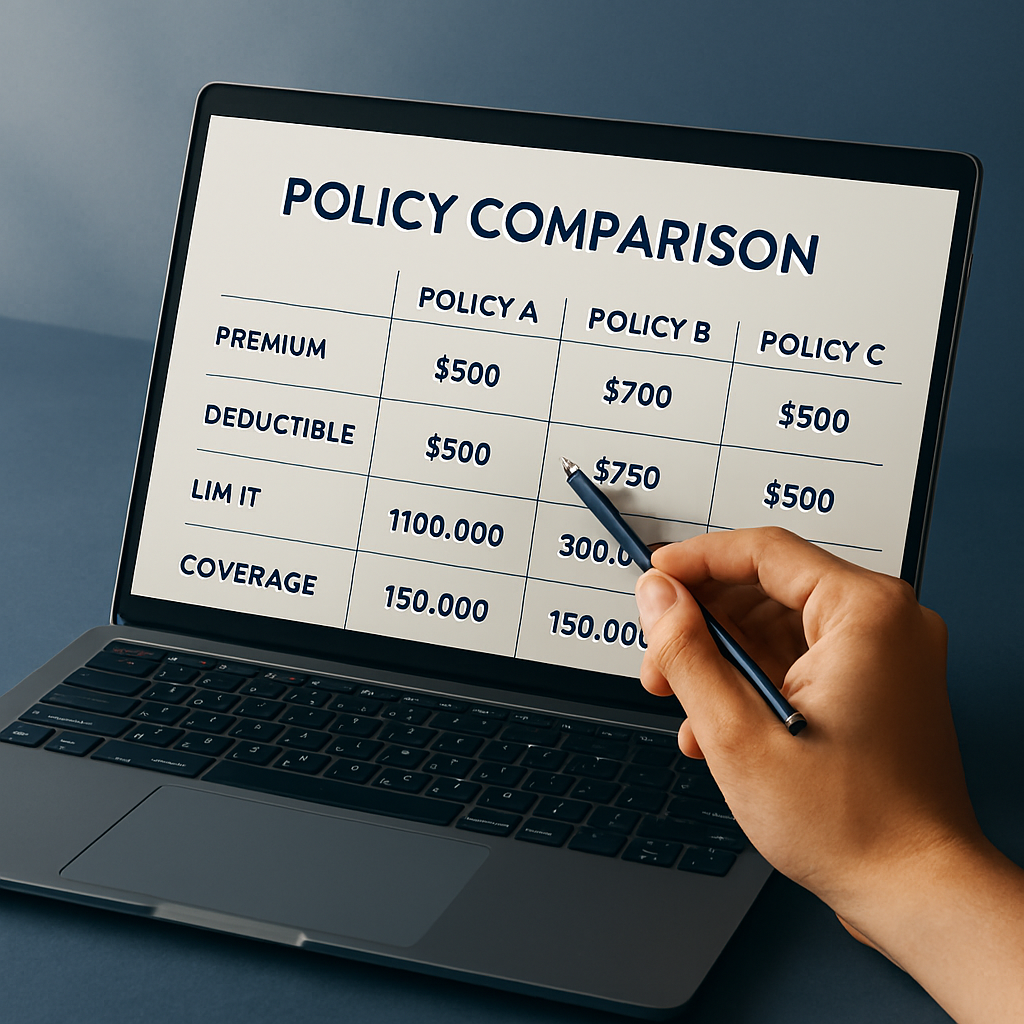 Side-by-side insurance policy comparison with charts, limits, and costs highlighted