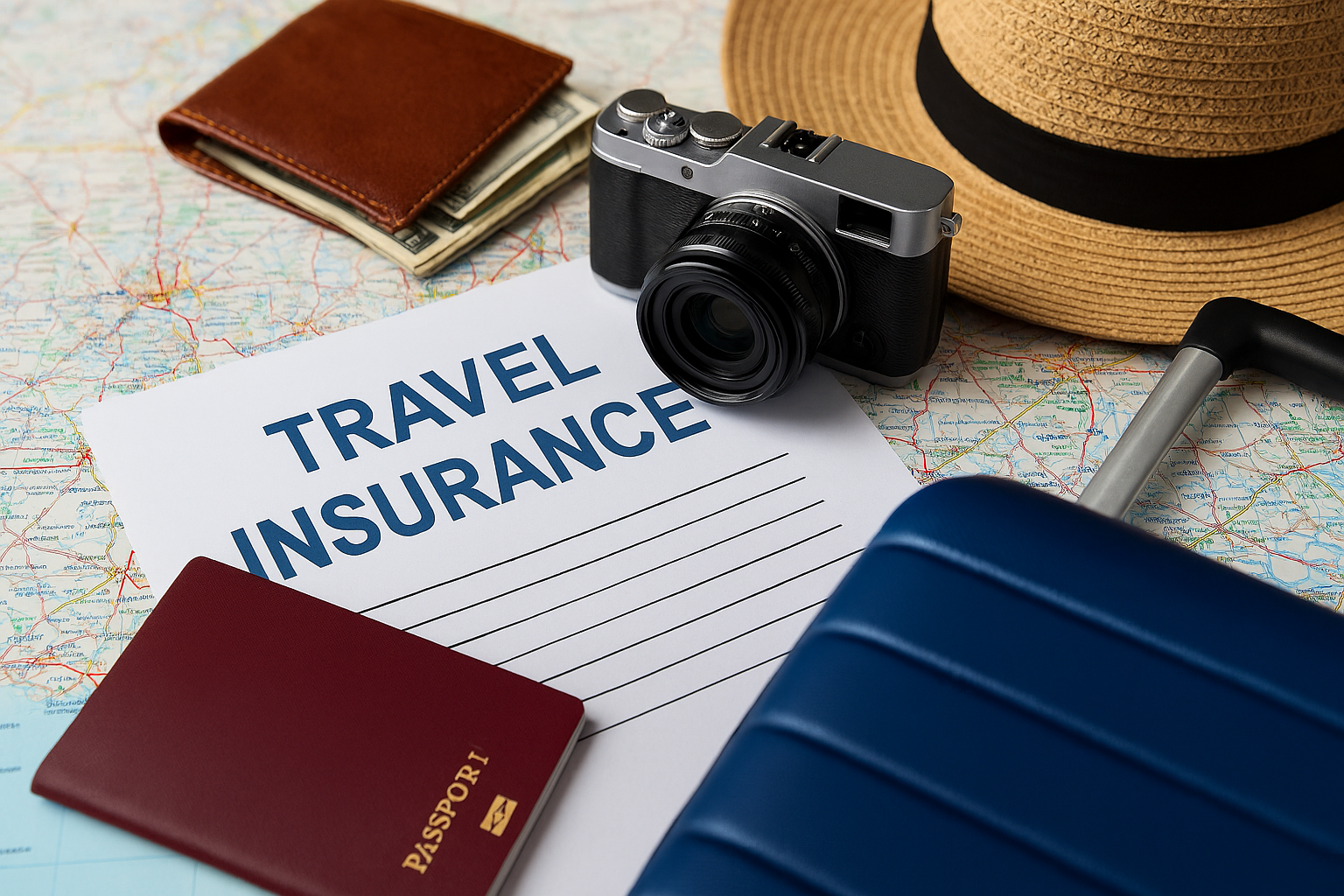 Travel insurance essentials with passport, boarding pass, and globe on a map.