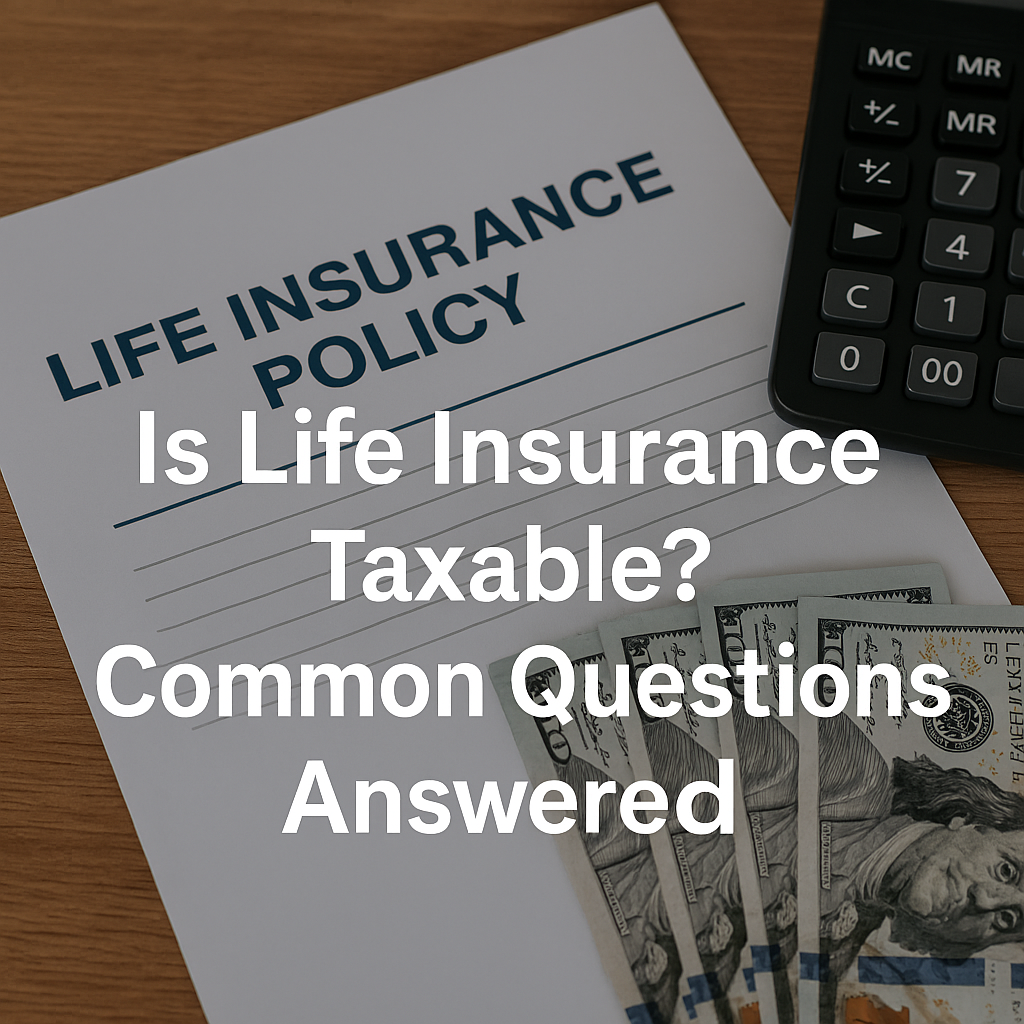 Life insurance policy with calculator and cash on wooden desk symbolizing taxes and payouts