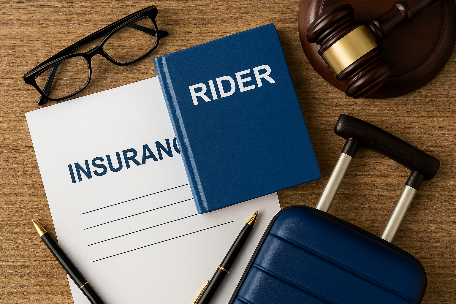 Insurance policy document with icons representing rider benefits like health, accident, and valuables.