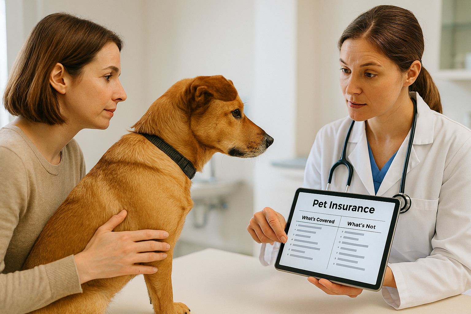 Dog at the vet with owner discussing pet insurance coverage and exclusions