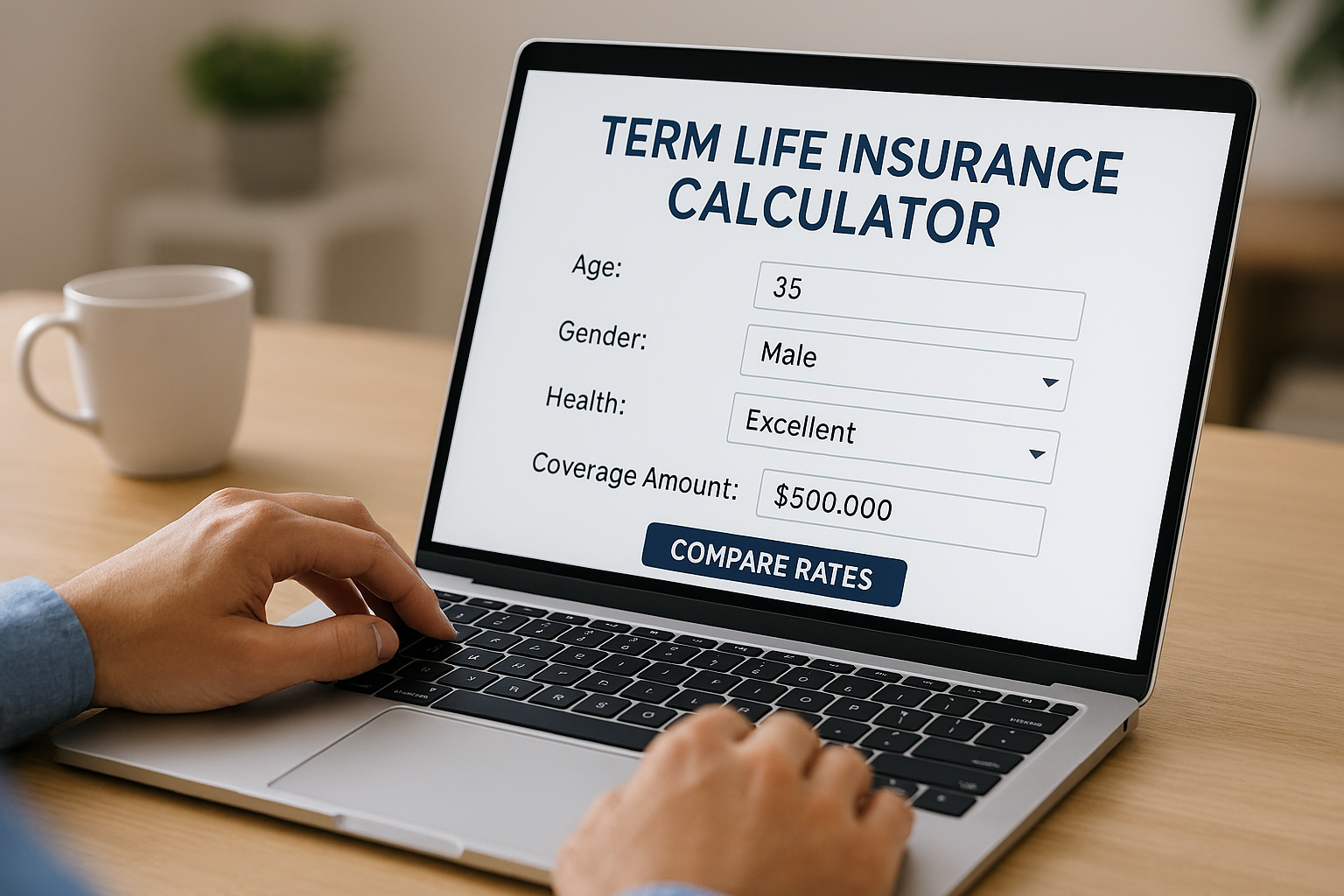 Person using a term life insurance calculator on a laptop to compare rates and choose the best coverage option.