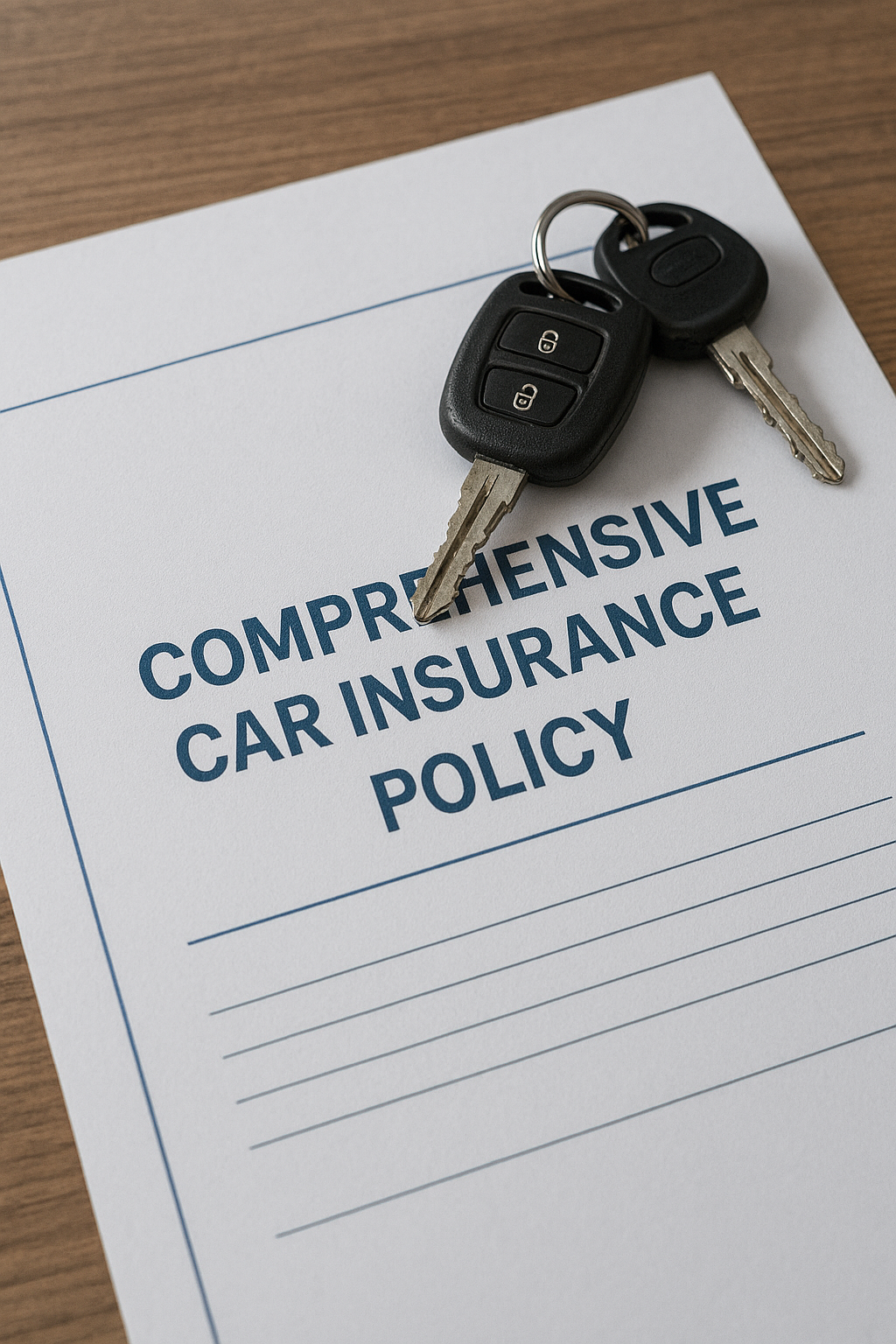 Comprehensive car insurance policy with car keys on a desk