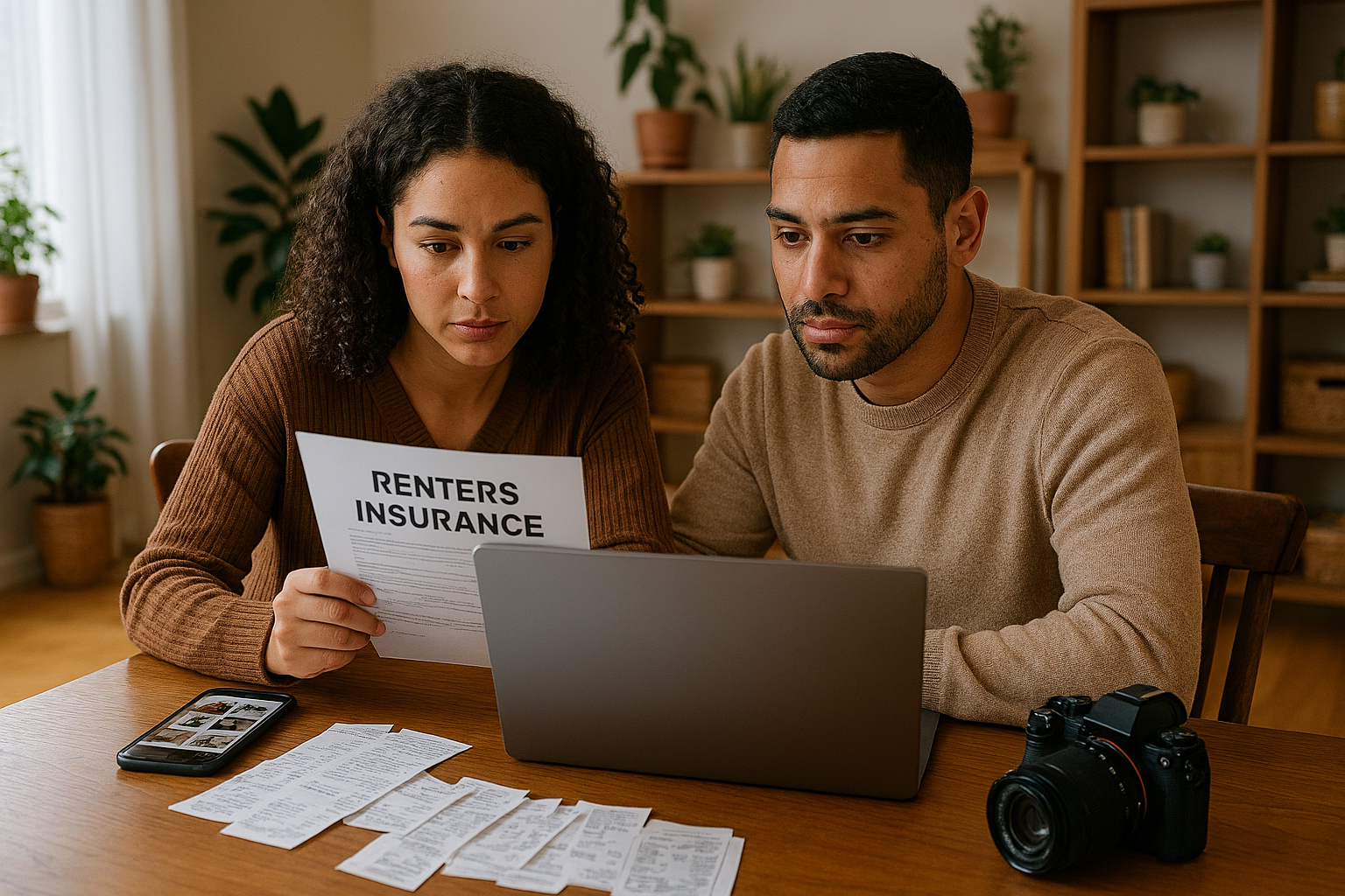 Couple reviewing renters insurance policy and home inventory on a laptop in a cozy apartment.