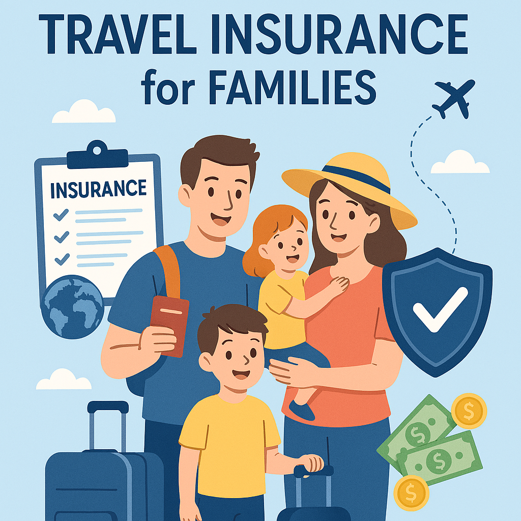 Happy family at the airport reviewing travel insurance documents before boarding.