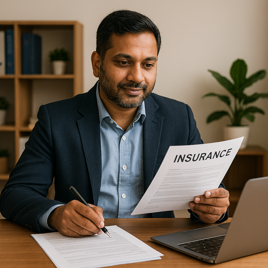 Small business owner reviewing insurance documents in their office.