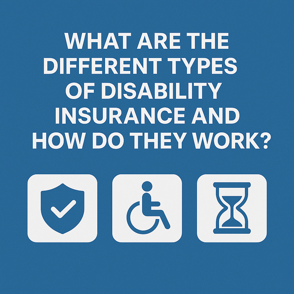 Disability insurance overview with shield, wheelchair, and hourglass icons on a blue background